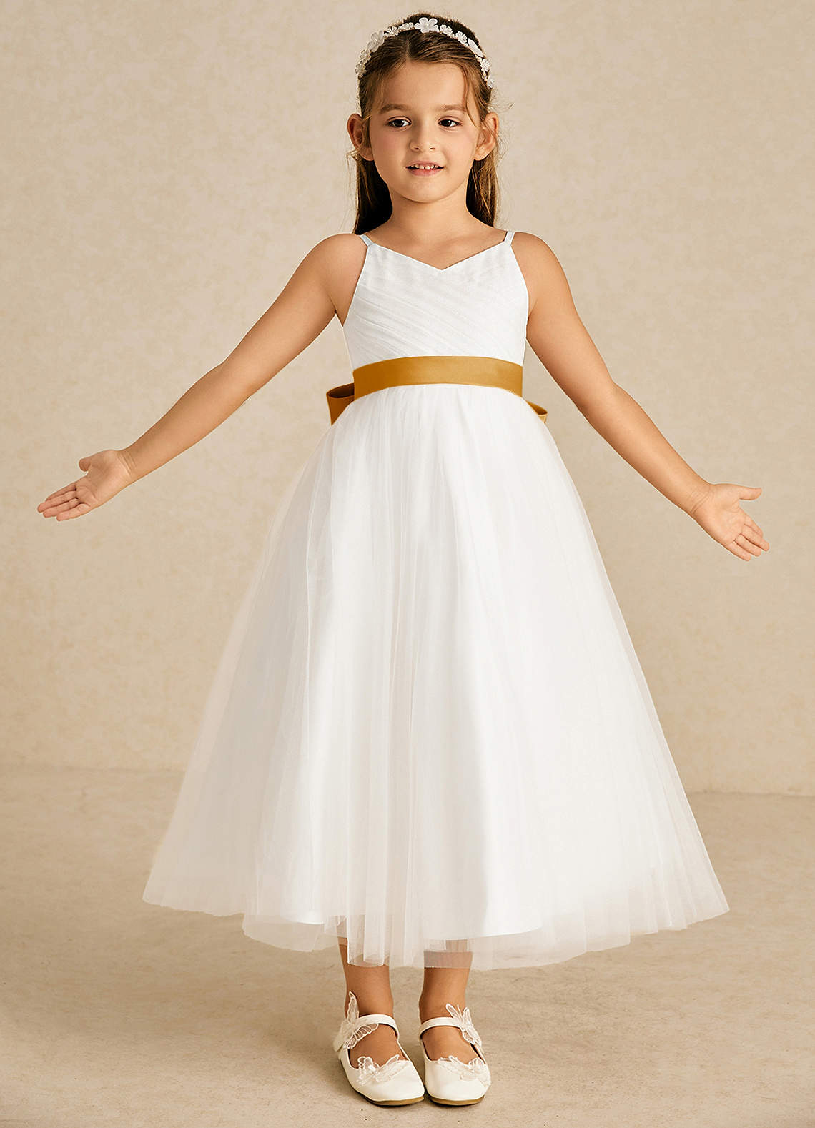 Azazie Lea Blumenmädchenkleider A-Linie Spaghetti Riemen Tüll Kleid Butterscotch image1