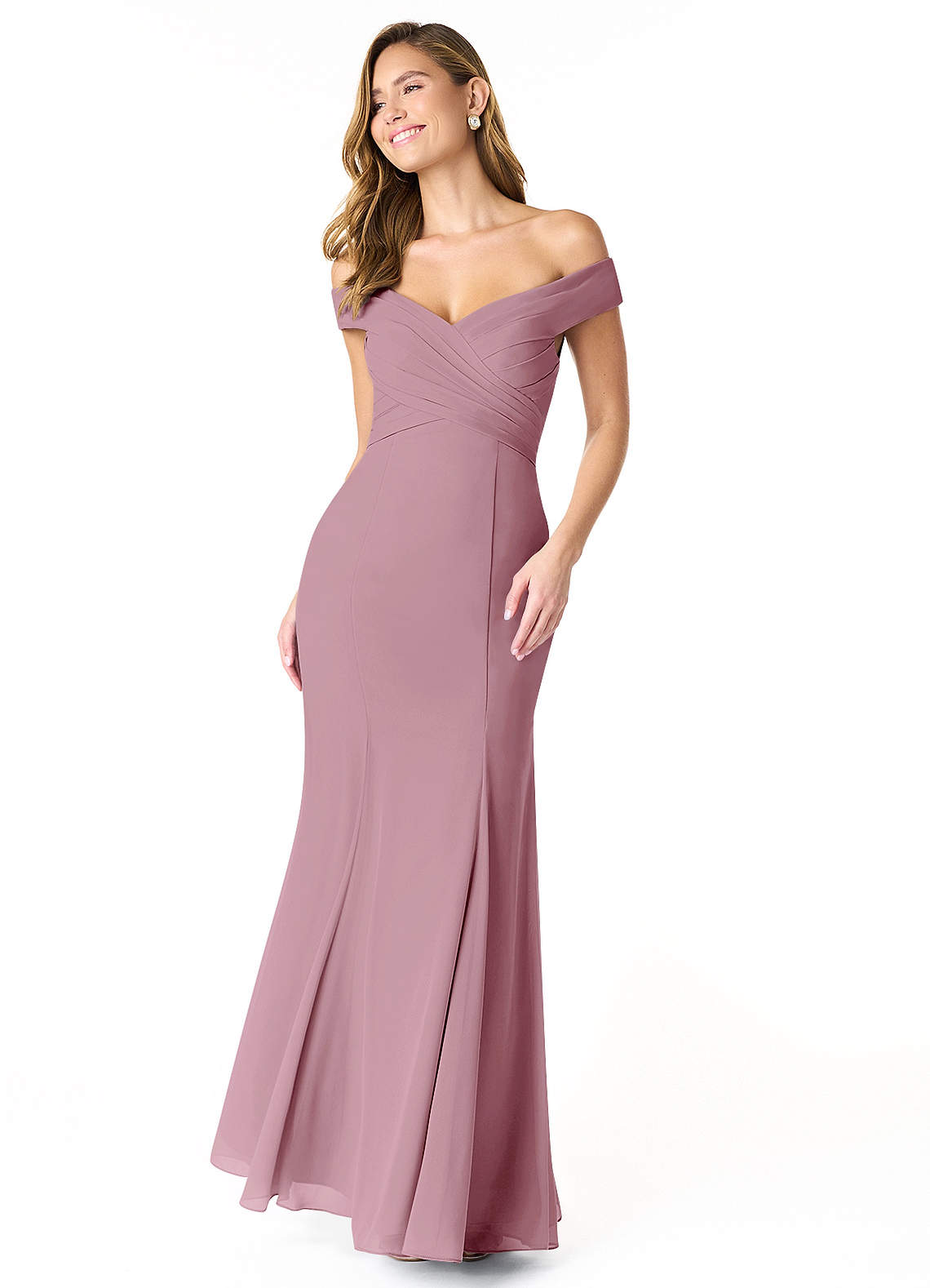 Azazie Lecia Bridesmaid Dresses Vintage Mauve Empire Off-The-Shoulder Pleated Chiffon Convertible Dress image1