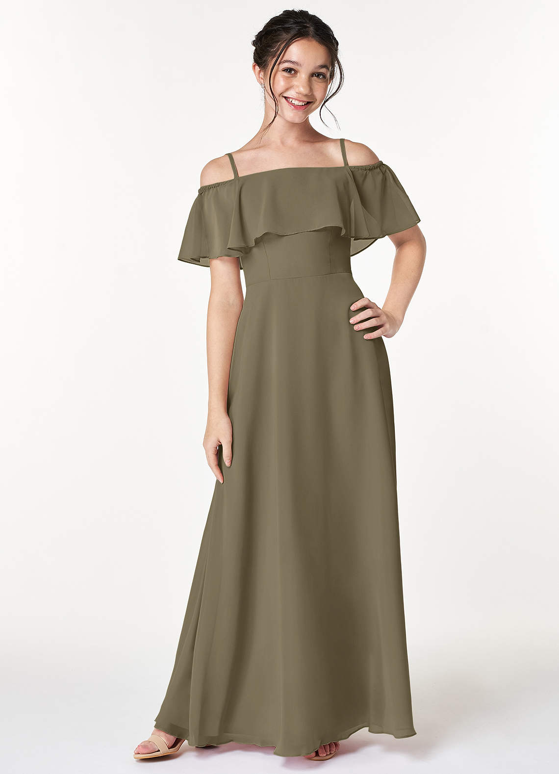 Azazie Maggie Junior Robe Trapèze en Mousseline de soie Épaule décolletée Vert Saule image1