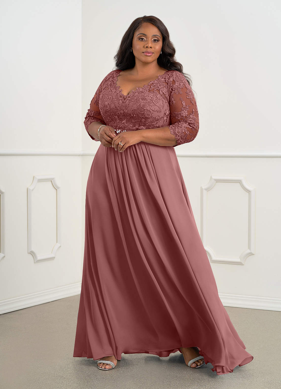 Azazie Hayek Mother of the Bride Dresses Desert Rose A-Line V-Neck Lace Chiffon Dress image1