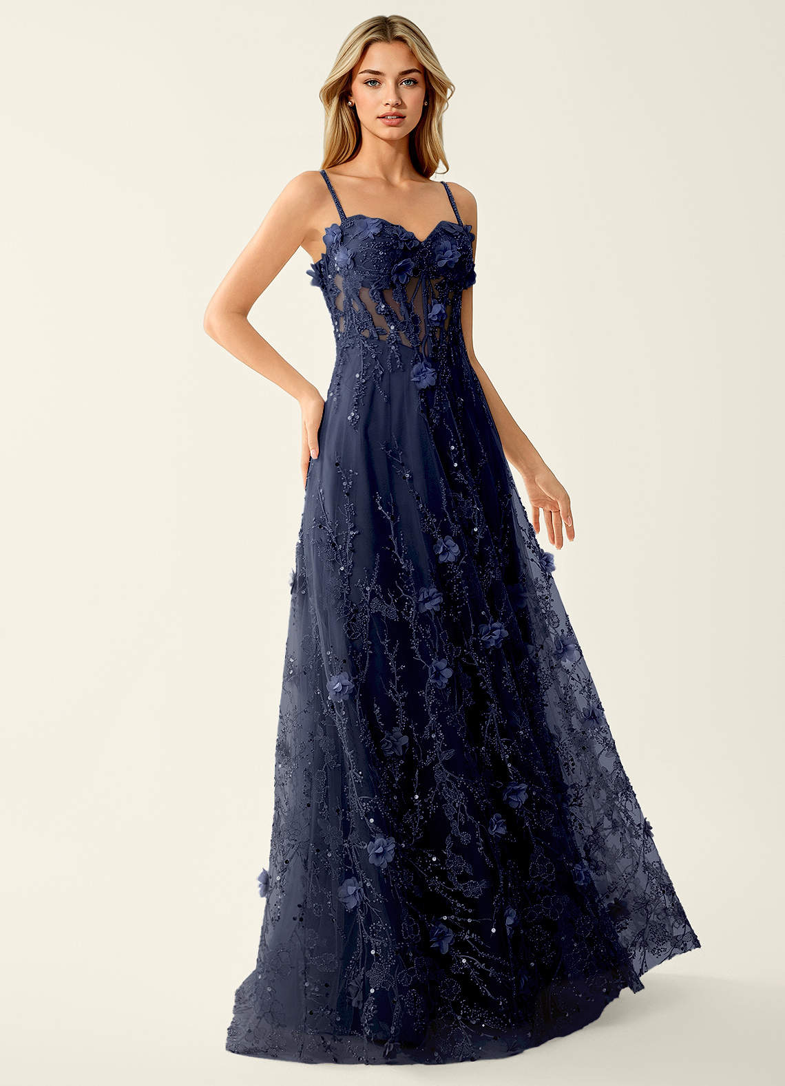Thaliagici Navy 3D Flower Beading Sequins Mesh Prom Dress | Azazie Thaliagici Navy 3D Flower Beading Sequins Mesh Prom Dress | Azazie