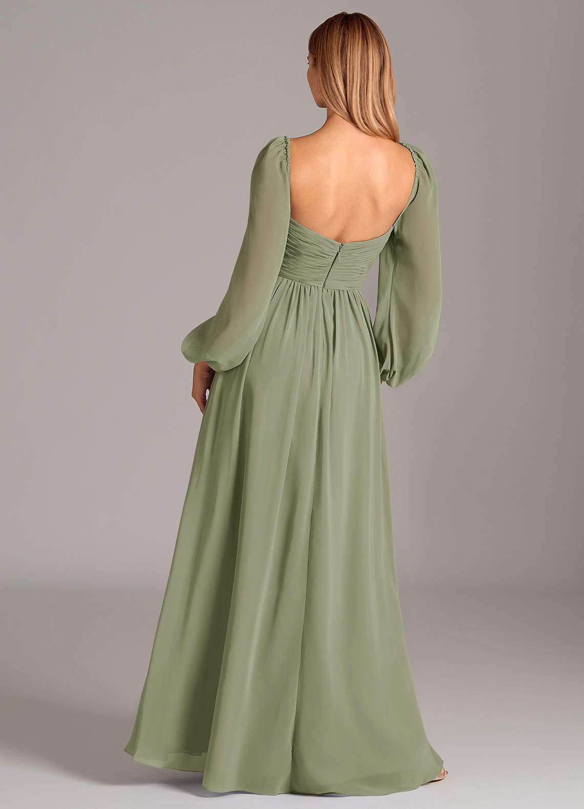 Azazie Bailee Bridesmaid Dresses Pistachio A-Line Long Sleeve Chiffon Dress image3