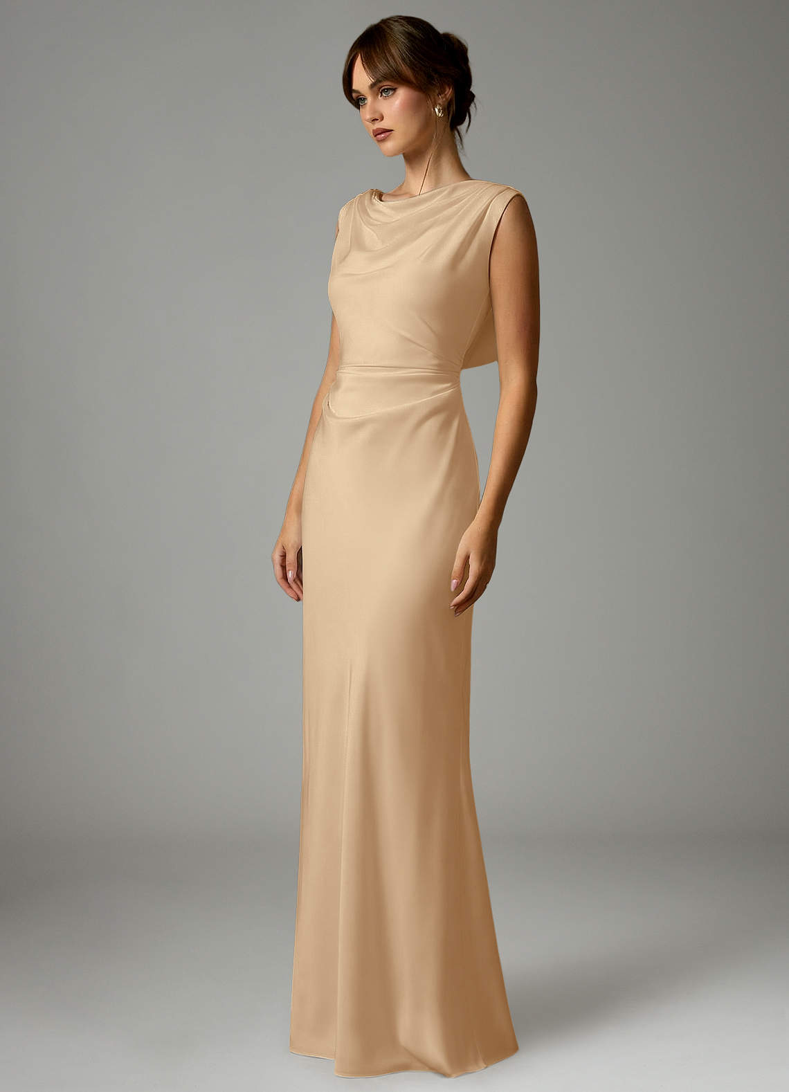 Azazie Kieryn Robes de demoiselle d'honneur Robe Sirène en Satin extensible Plissée Champagne image2