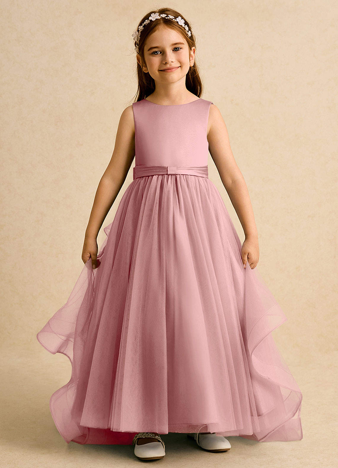 Azazie Lior Flower Girl Dresses Dusty Rose Ball-Gown Pleated Tulle Dress image1