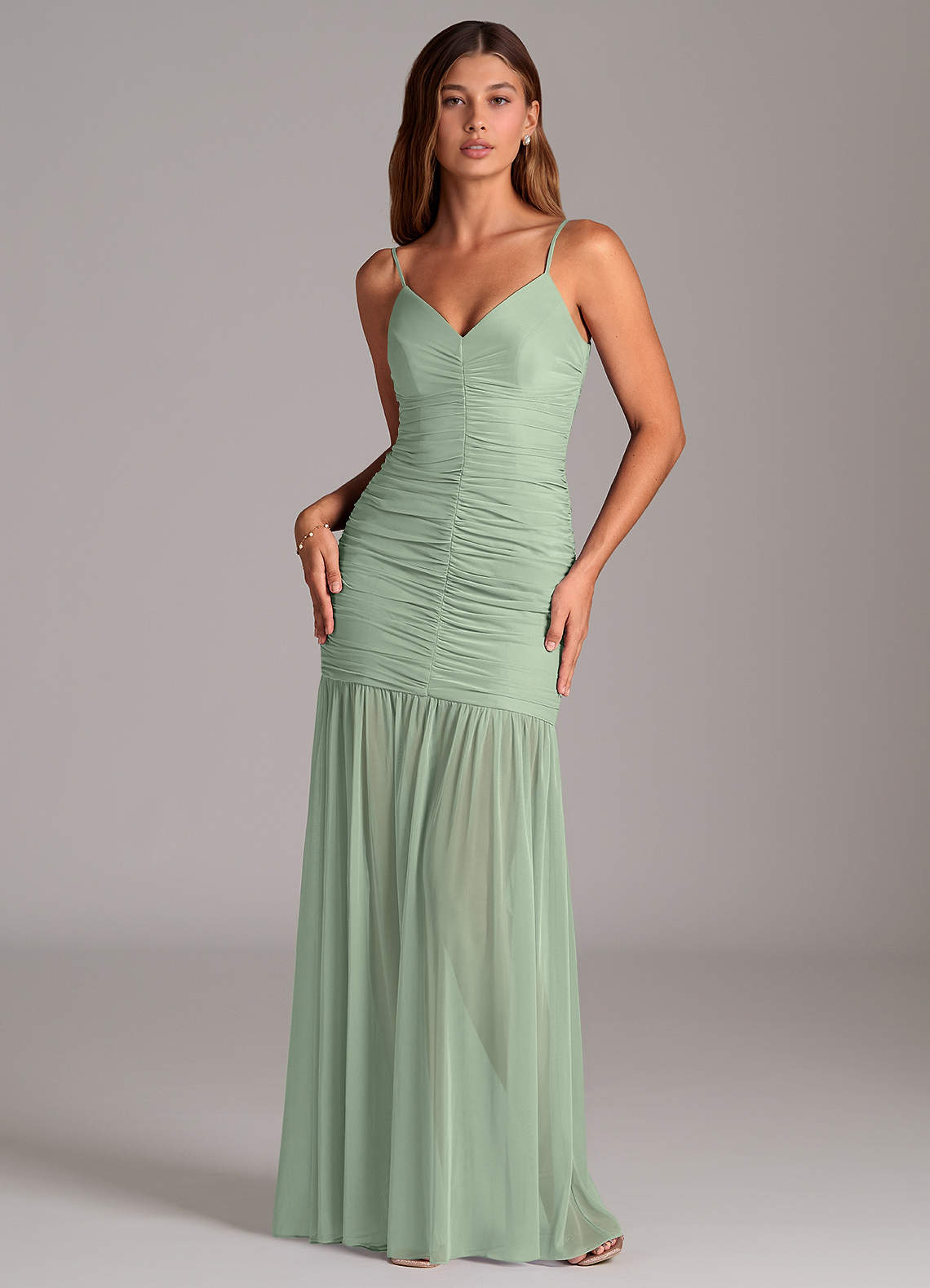 Azazie Aimie Bridesmaid Dresses Dusty Sage Mermaid Mesh Dress image1