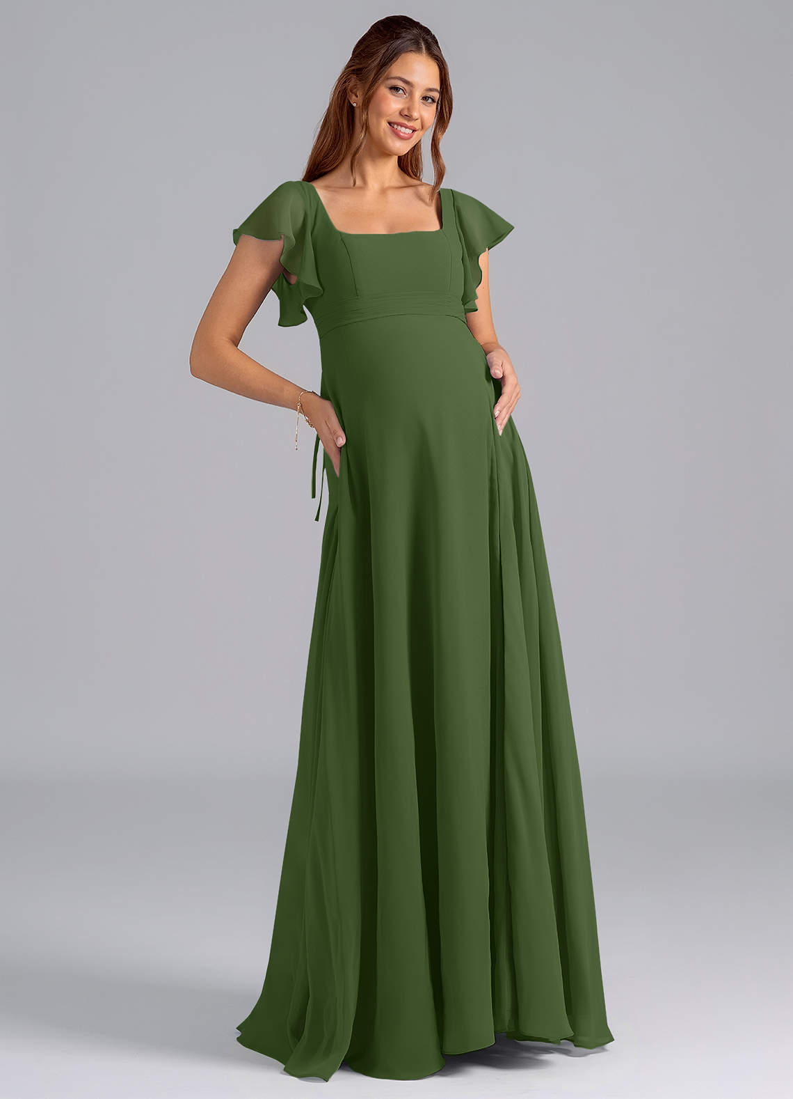 Azazie Bondi Maternity Bridesmaid Dresses A-Line Ruched Chiffon Floor-Length Dress image1