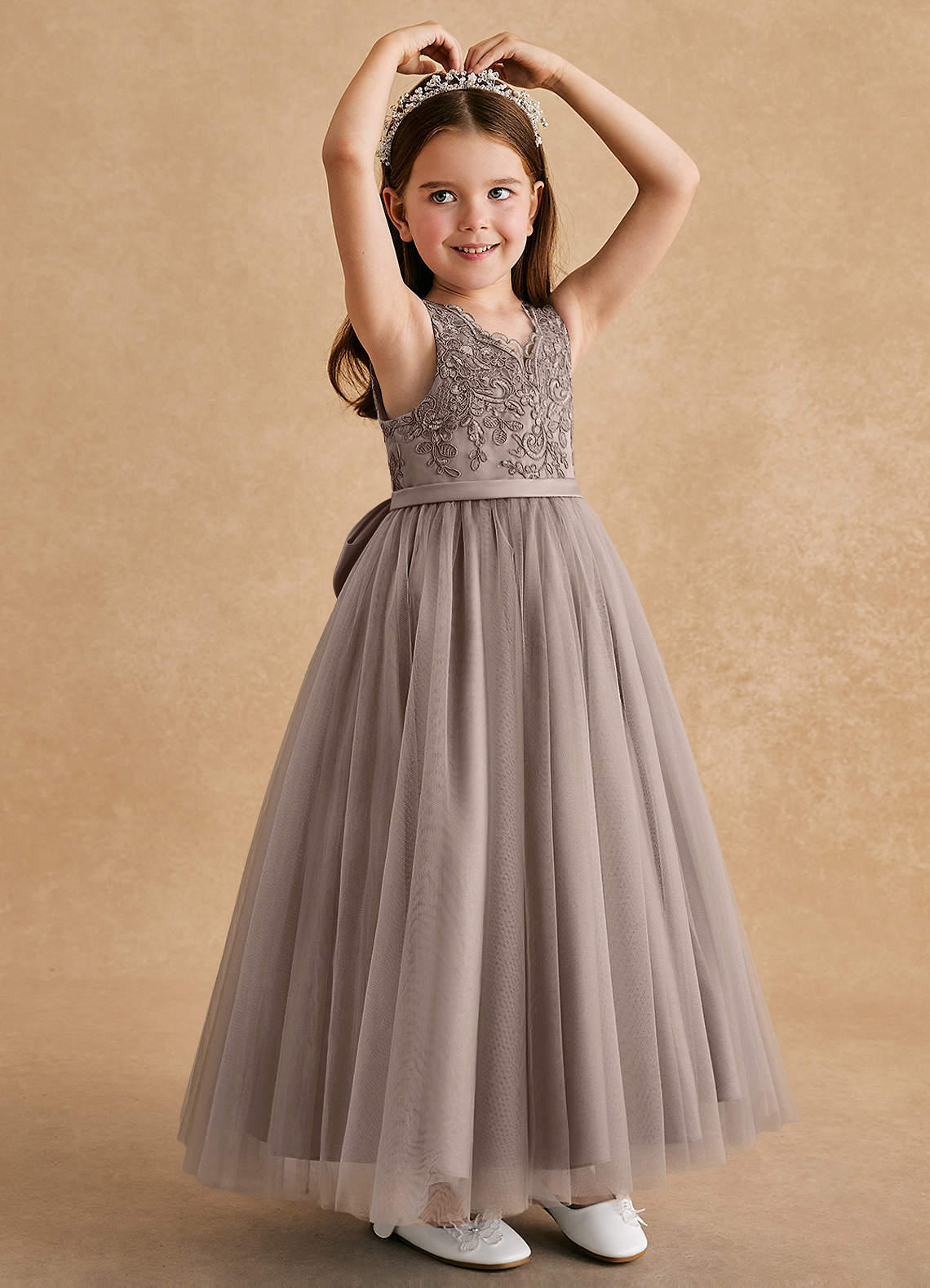 Azazie Cinna Taupe A-Line Lace Tulle Dress | Azazie