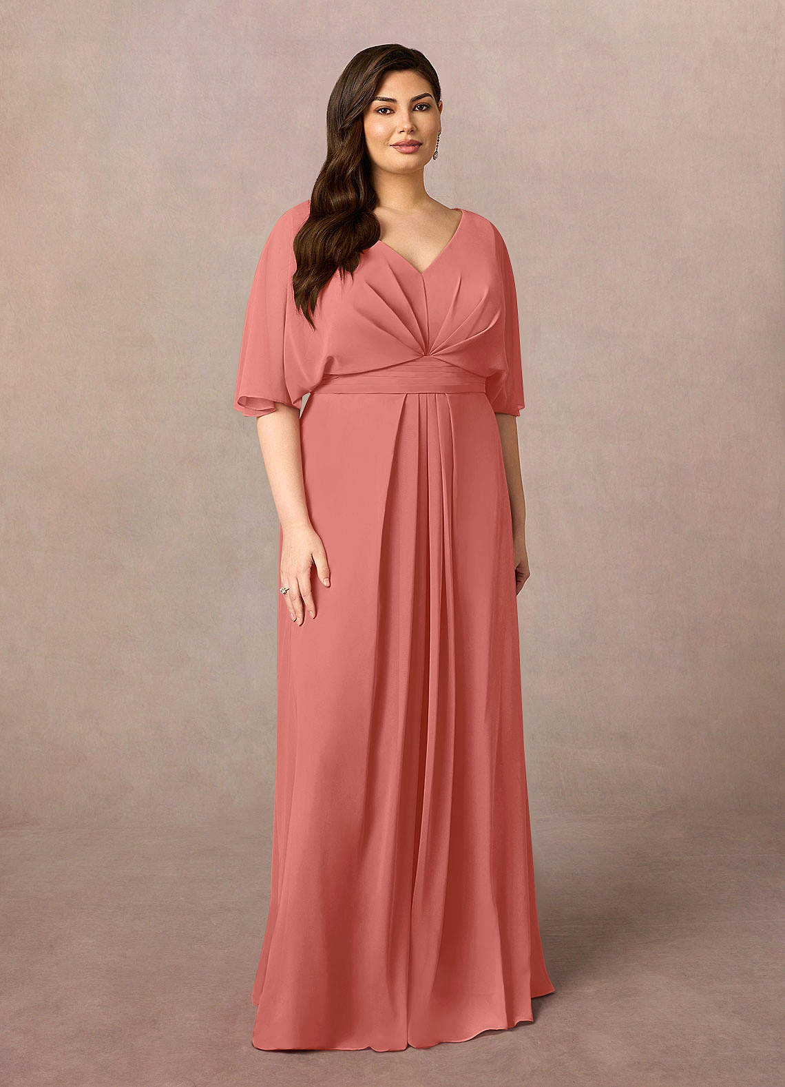 Azazie Oksana Mother of the Bride Dresses Salmon Pink A-Line V-Neck Pleated Chiffon Dress image1