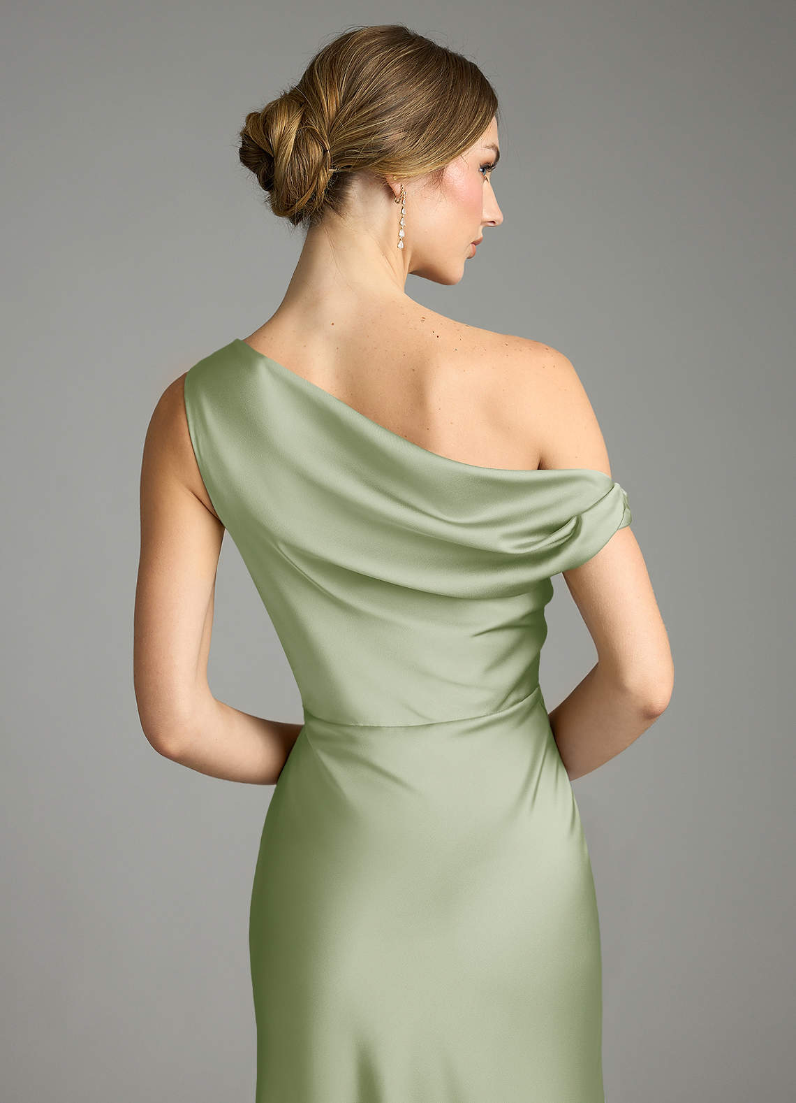 Azazie Emerson Bridesmaid Dresses Dusty Sage Mermaid Off the Shoulder Stretch Satin Dress image6