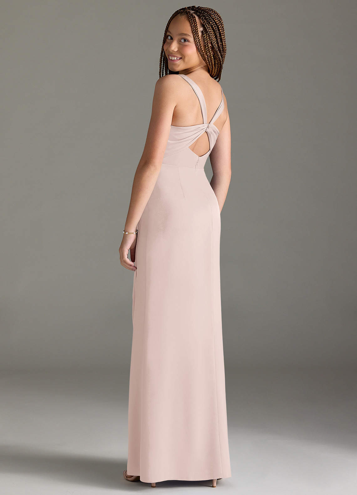 Azazie Mero Junior Vestido de Rosa Rubor de Satén Elástico de Corte Sirena con Plisado image1