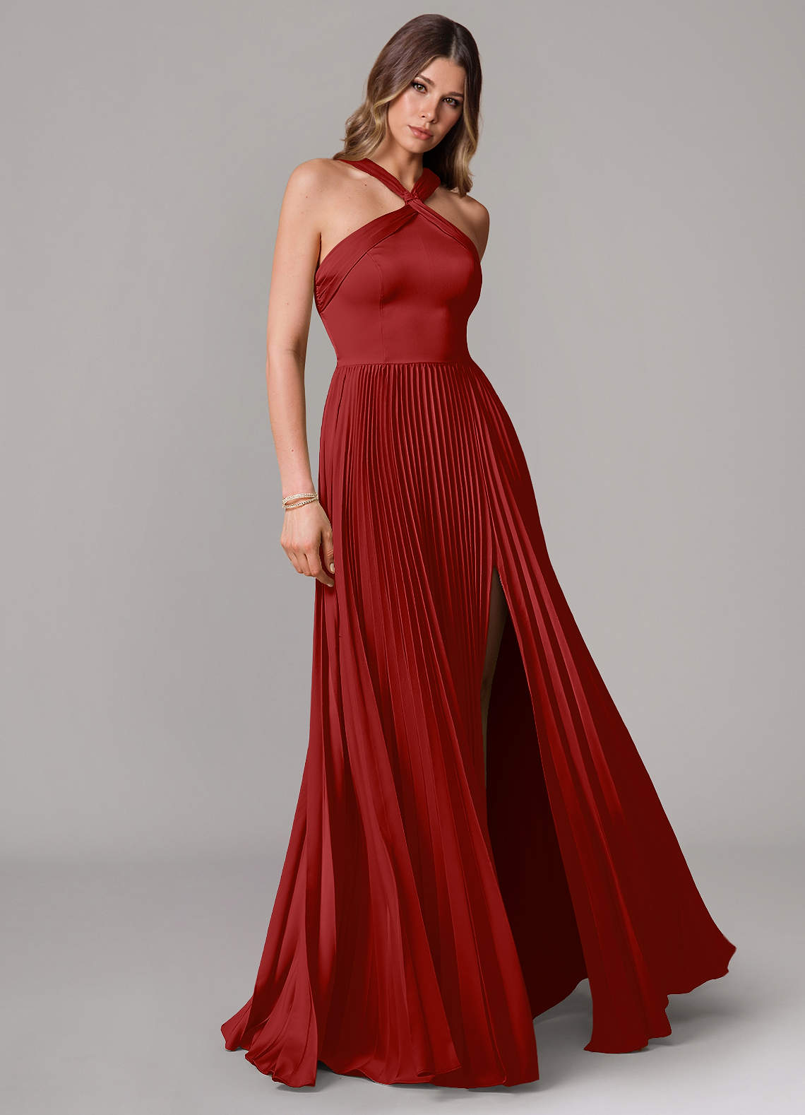 Azazie Afra Bridesmaid Dresses Pomegranate A-Line Pleated Stretch Satin Dress image1