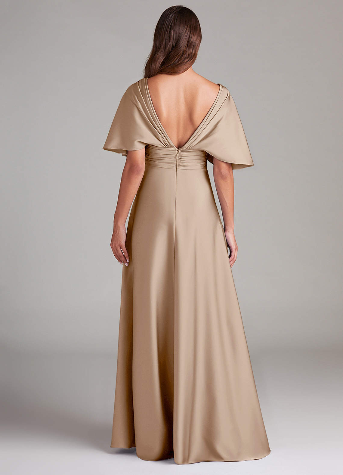 Azazie A-Line V-Neck Floor-Length Stretch Satin Bridesmaid Dresses taupe