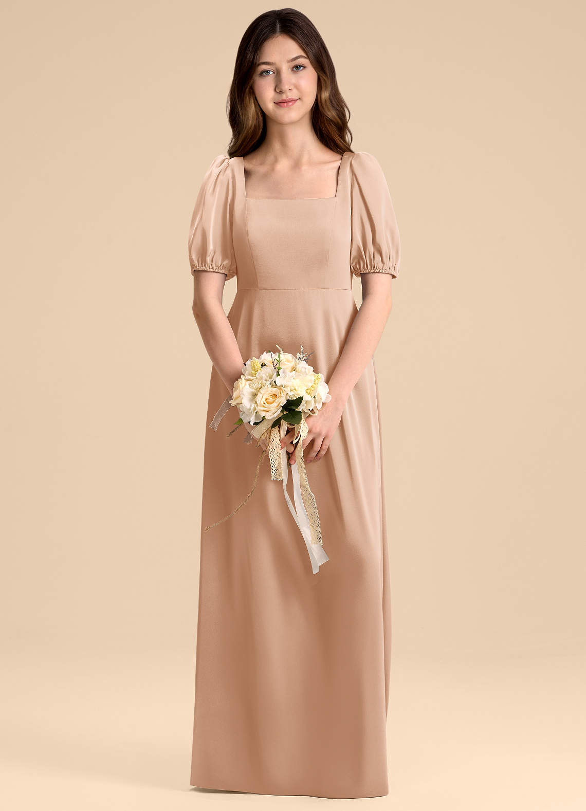Azazie Briar Junior Vestido de Rosa Inglesa de Satén Elástico de Corte en A con Lazo image1