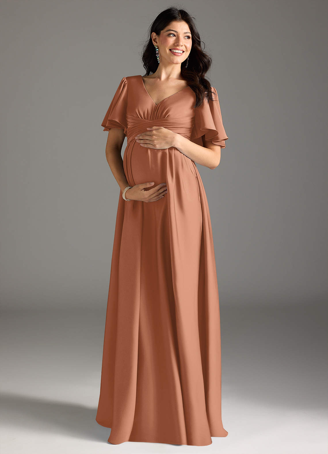 Azazie Verna vestidos de dama de honor de maternidad Vestido de Corte en A Volante Hasta el suelo Satén Elástico image2