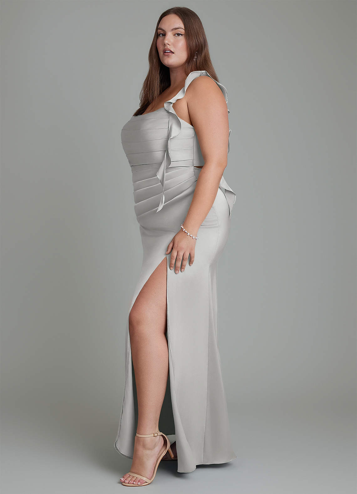 Azazie Jessamine Bridesmaid Dresses Silver Sheath Corset Stretch Satin Dress image12