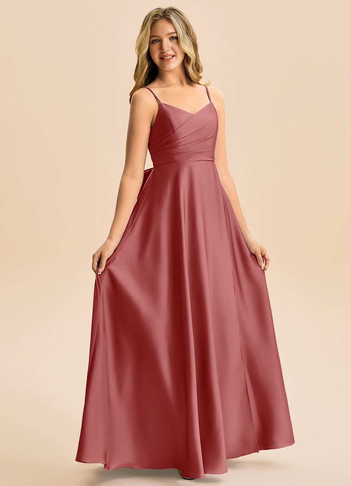 Azazie Rumi Junior Klä av A-Line i Stretch Satin Plisserad image4