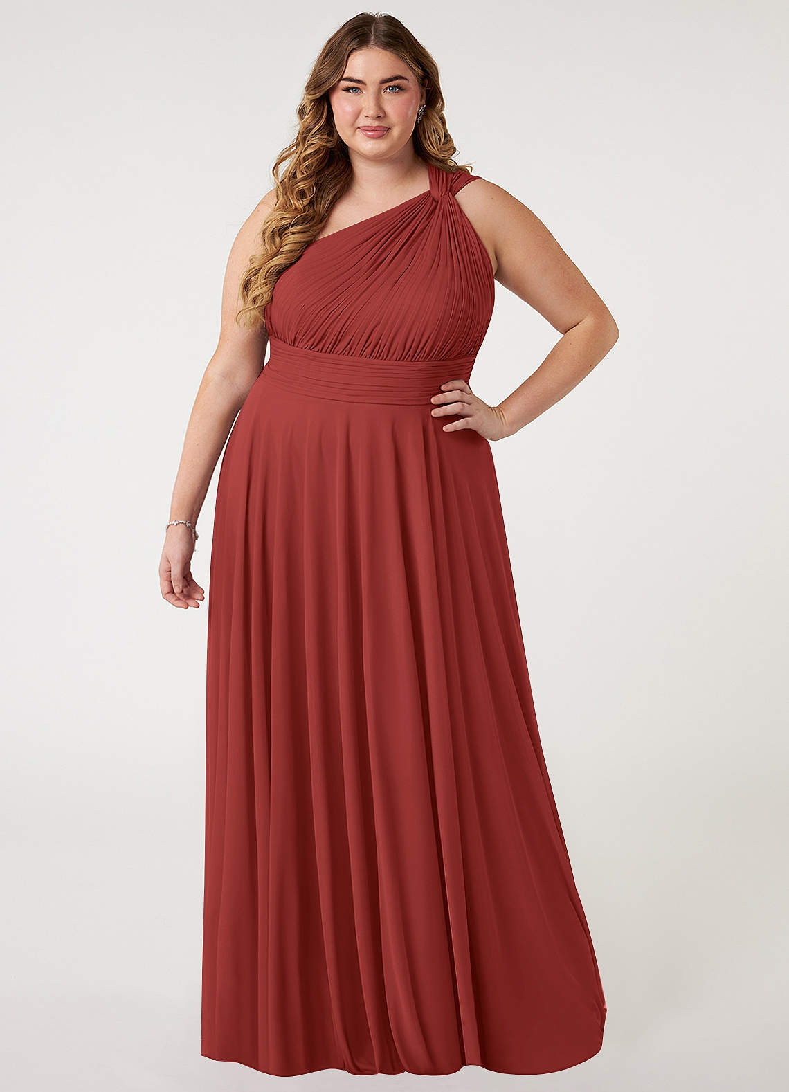 Azazie Charlize Bridesmaid Dresses Rust A-Line One Shoulder Mesh Dress image1