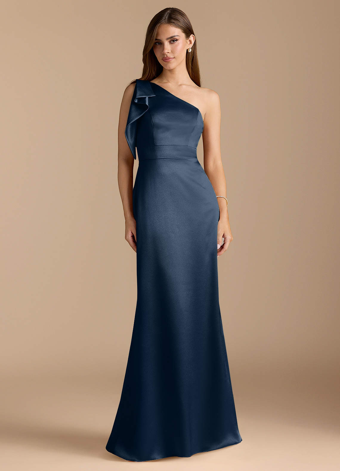 Azazie Rinna Brautjungfernkleider Meerjungfrau-Linie Gestreift Metallischer Satin Kleid Dunkelmarine image1