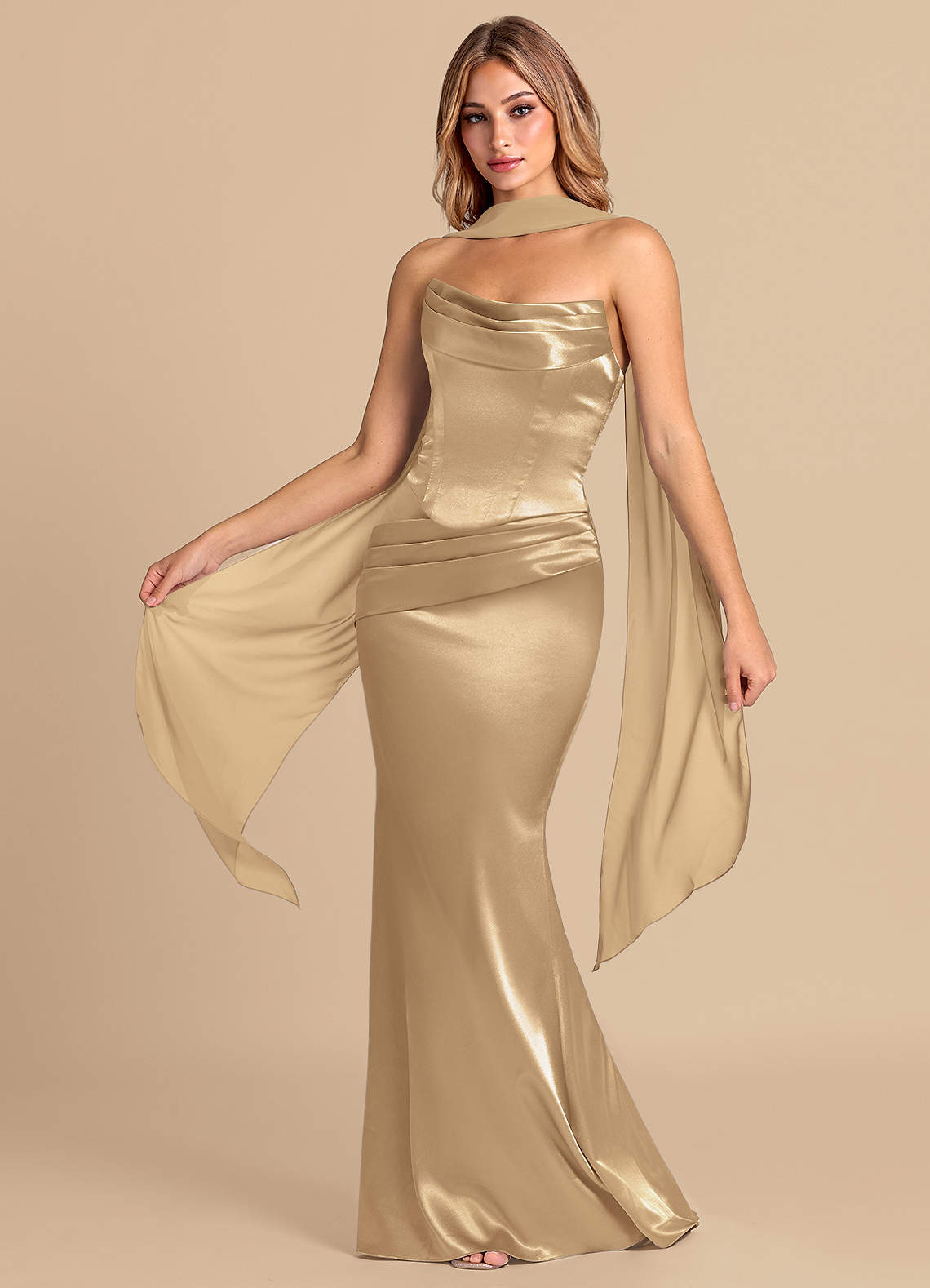 Azazie Sorrel Bridesmaid Dresses Champagne Mermaid Corset Metallic Satin Convertible Dress image1