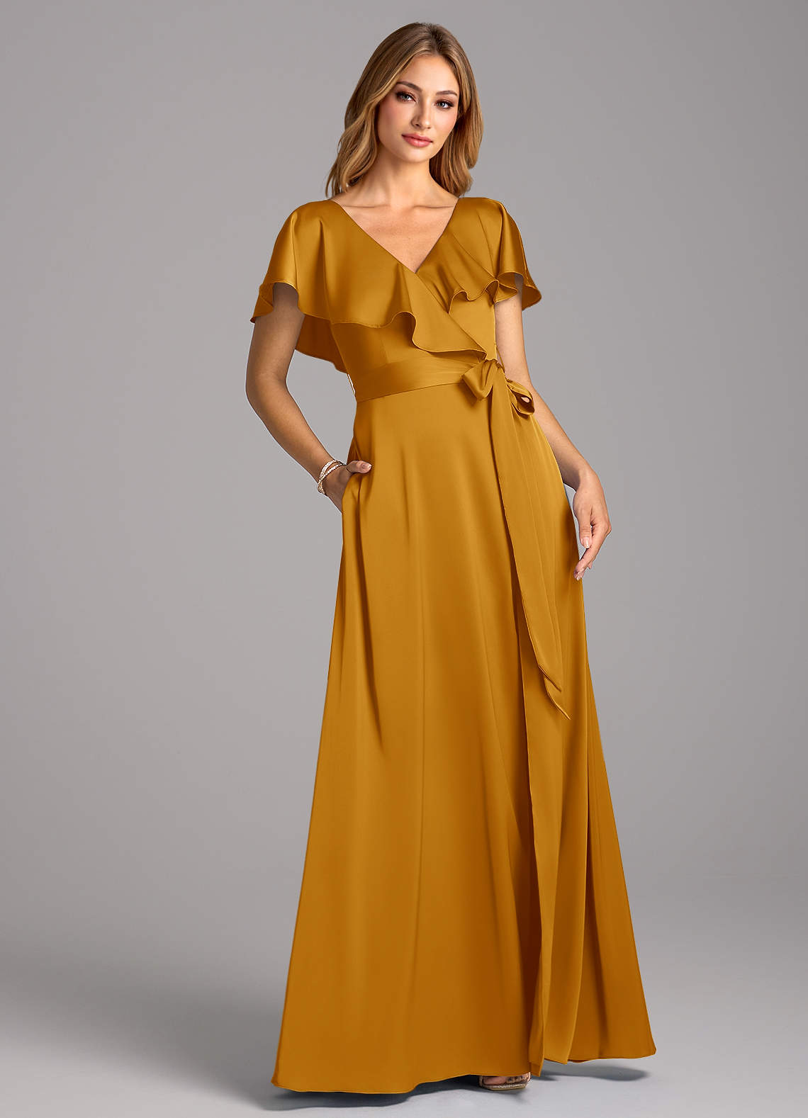 Azazie Lainey Bridesmaid Dresses Butterscotch A-Line with Pockets Stretch Satin Dress image1