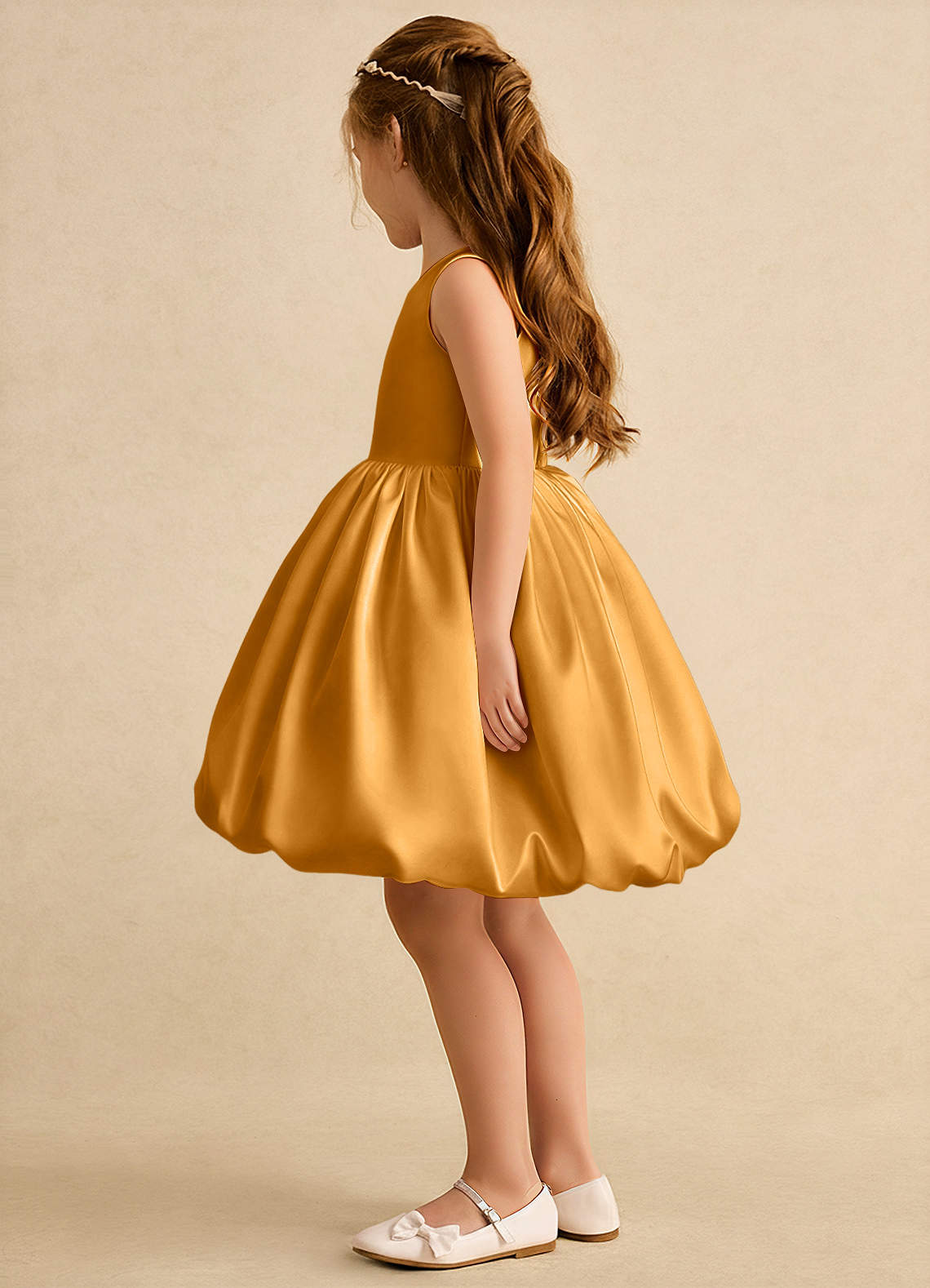 Azazie Nirvana Robe Demoiselle D'honneur Fillette Robe Princesse en Mat Satiné Rayé Caramel écossais image3