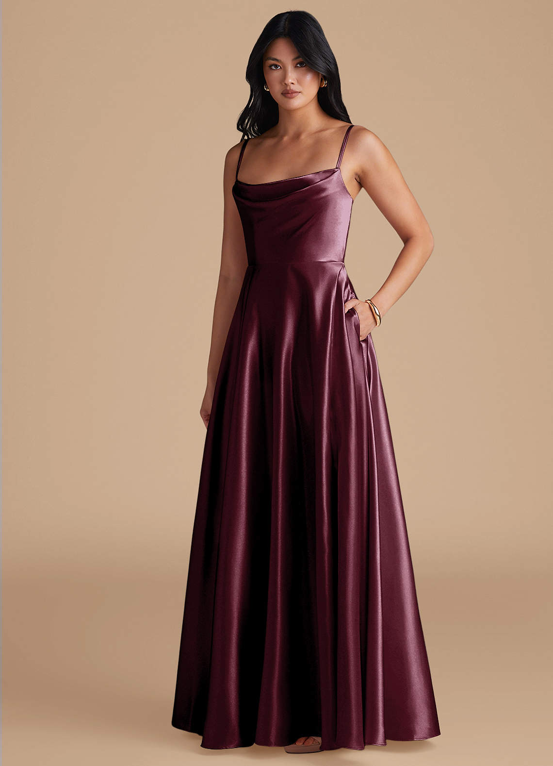 Azazie Elle Bridesmaid Dresses Cabernet A-Line with Pockets Metallic Satin Dress image1
