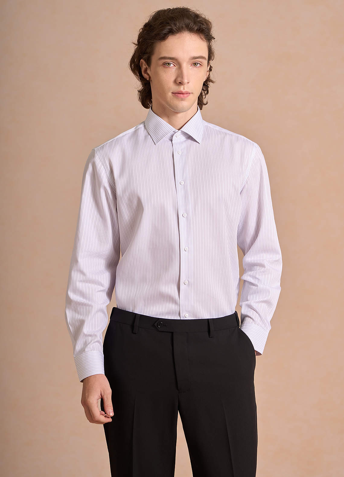 front Aiden Soft Lavender 100% Cotton Non-Iron Striped Dress Shirt