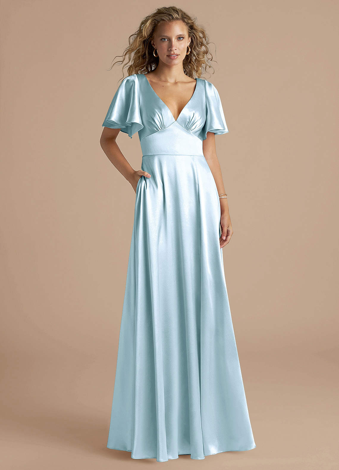 Azazie Kimber Bridesmaid Dresses Sky Blue A-Line Ruched Metallic Satin Dress image1