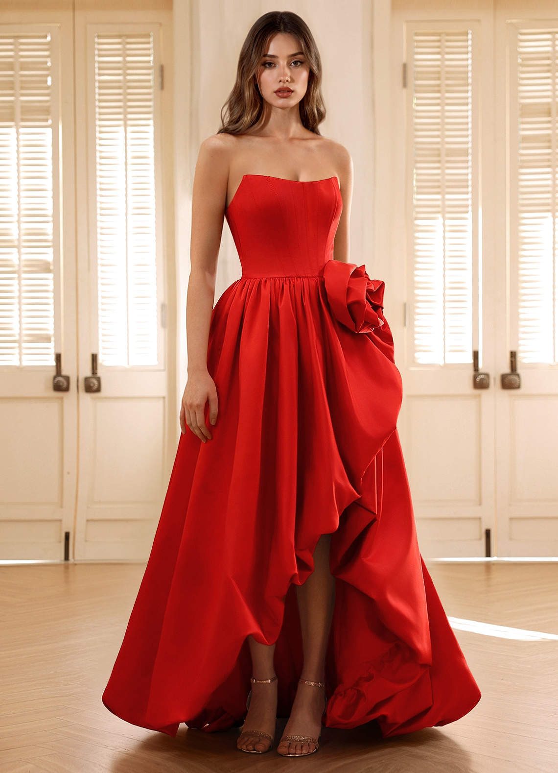 green emerald velvet dress Red Draped Maxi Dress with Boned Corset & Lace Embellishment Xs main image 1