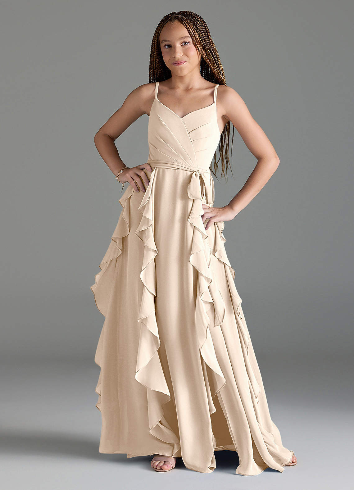Azazie Peyton Junior White Alabaster A-Line V-Neck Cascading Ruffles Chiffon Dress image1