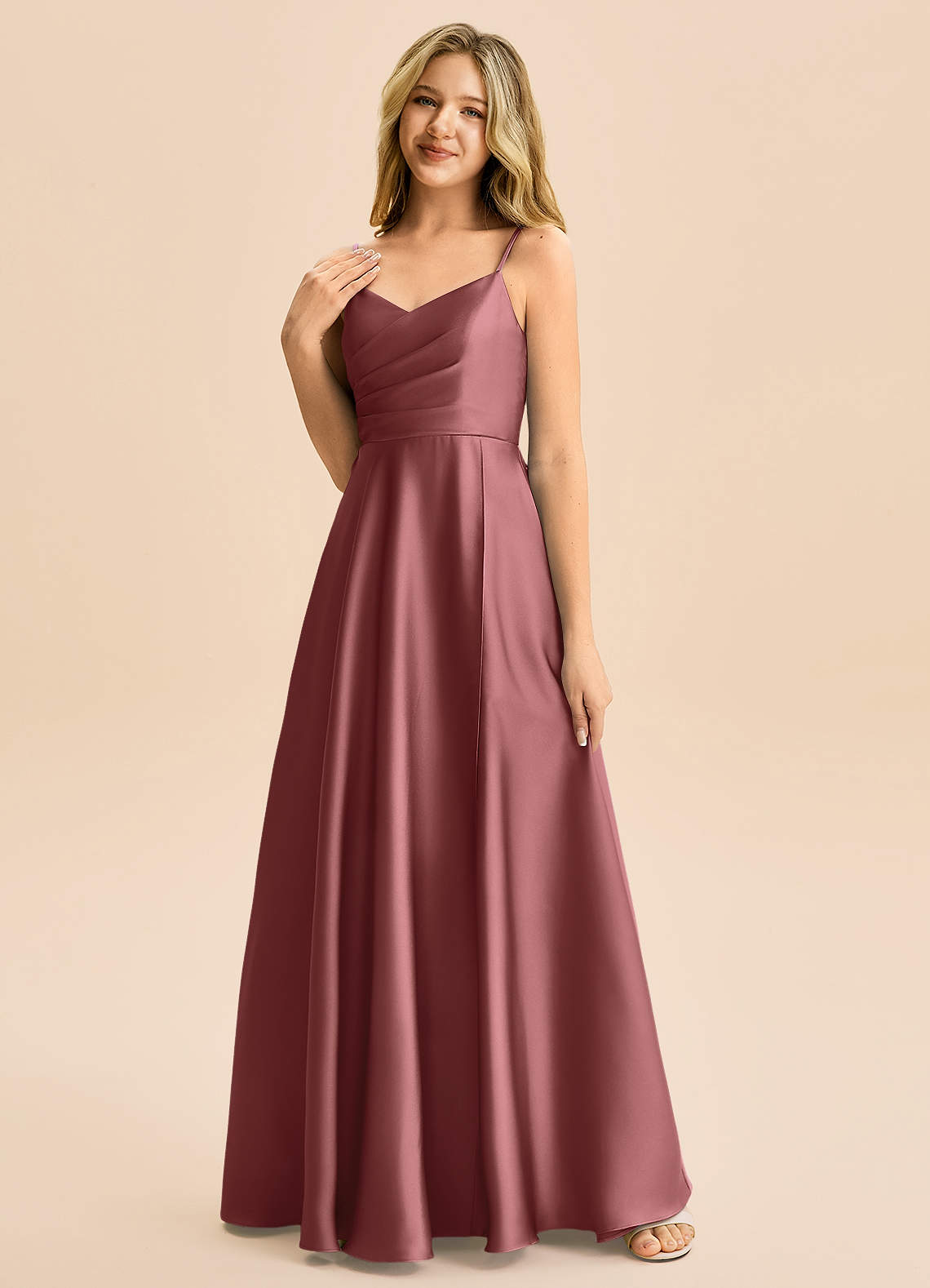 Azazie Rumi Junior Klä av A-Line i Stretch Satin Plisserad image2