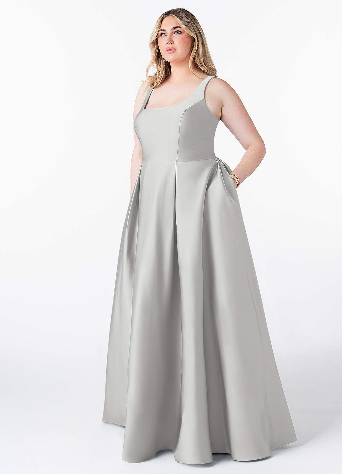 Azazie Neve Bridesmaid Dresses Silver Ball-Gown with Pockets Stretch Satin Dress image1
