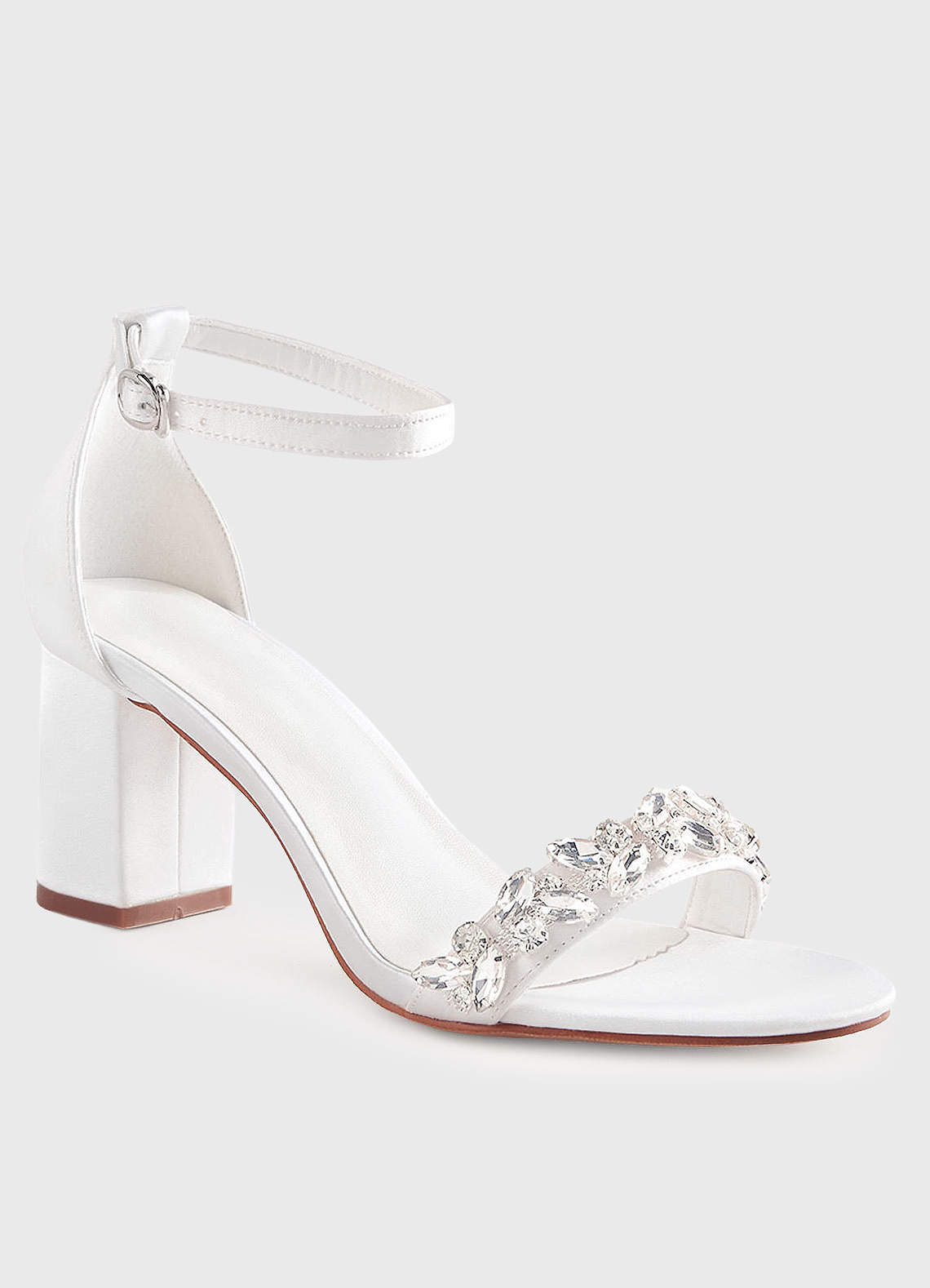 front Crystal Strap Satin Block Heel Sandals