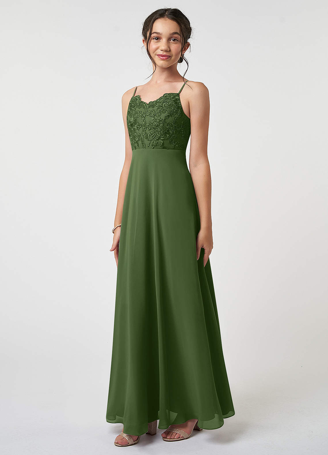 Azazie Sonya Junior A-Linie Spitze Chiffon Kleid Olivgrün image1