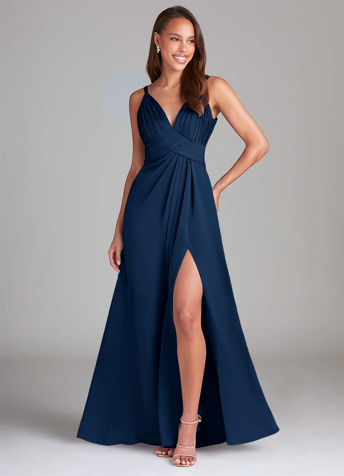 Azazie Maren Allure Bridesmaid Dresses Dark Navy A-Line Lace Stretch Satin Dress image1