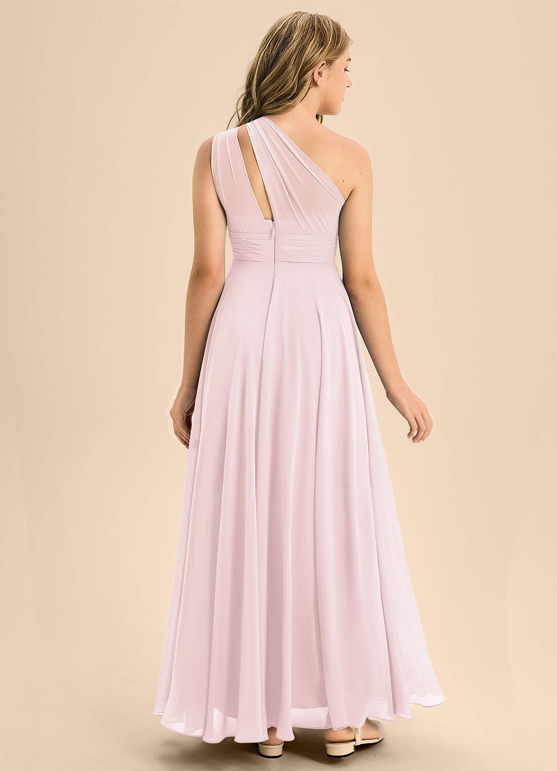 Azazie Charlize Junior Blushing Pink A-Line Pleated Chiffon Dress image1