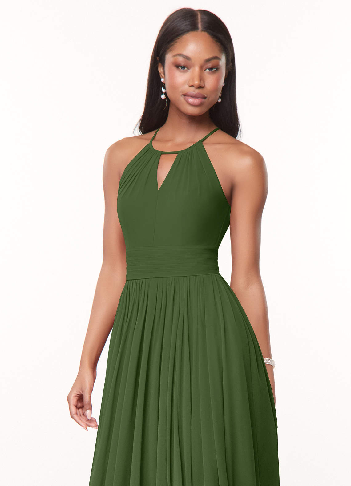 Azazie Cherish Bridesmaid Dresses Olive A-Line Pleated Chiffon Dress image1