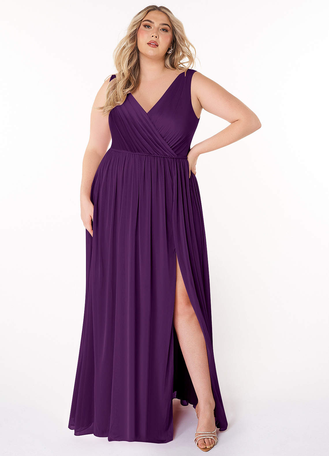 Azazie Tanicia Bridesmaid Dresses Grape A-Line V-Neck Pleated Mesh Dress image1