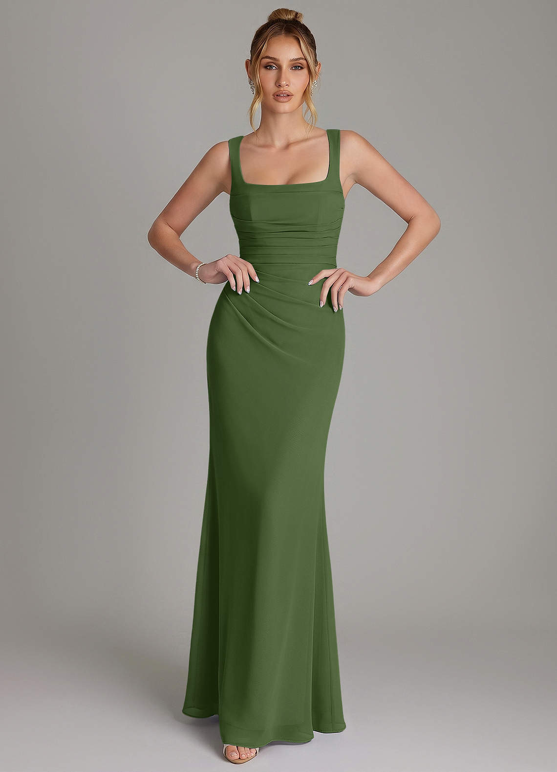 Azazie Agustina Bridesmaid Dresses Olive Mermaid Corset Chiffon Dress image2