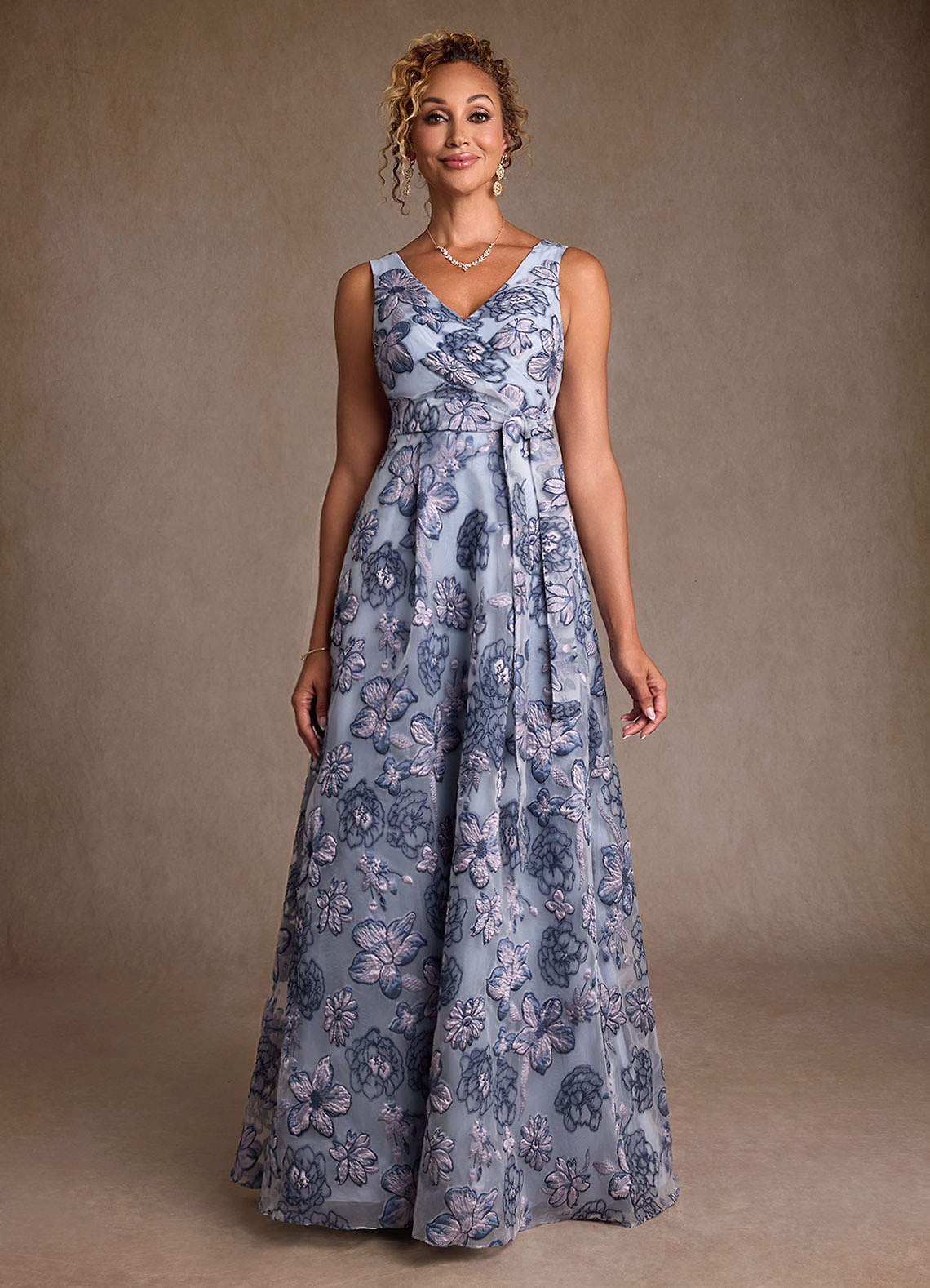 Azazie Luanne Dusty Blue Jacquard A-Line Pleated Floral Jacquard