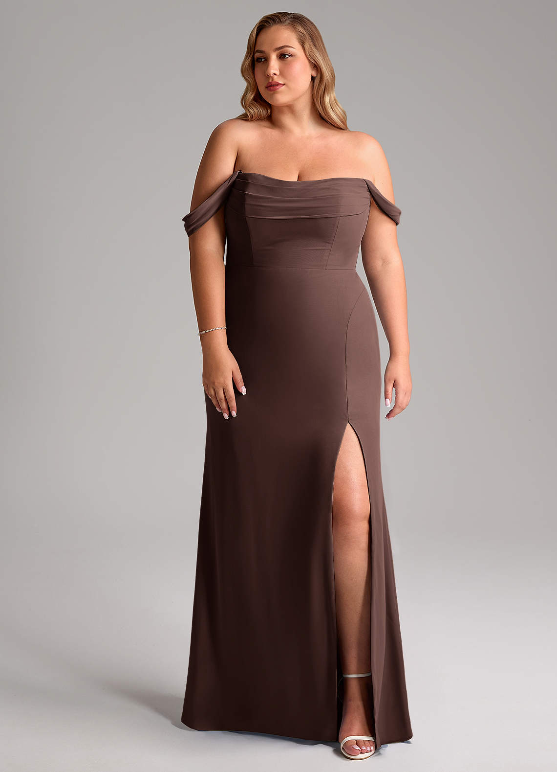Azazie Saige Bridesmaid Dresses Ganache A-Line Off the Shoulder Chiffon Convertible Dress image1