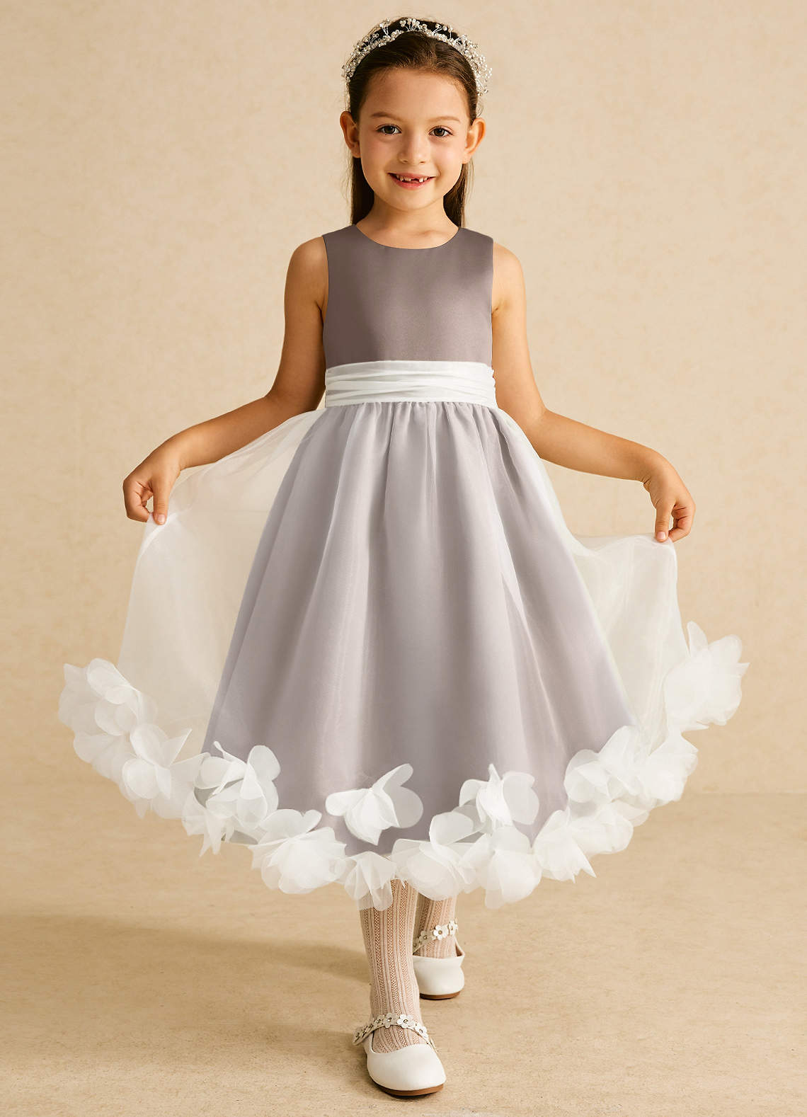Azazie Stardust Blumenmädchenkleider A-Linie ärmellos Organza Kleid Taupe image1