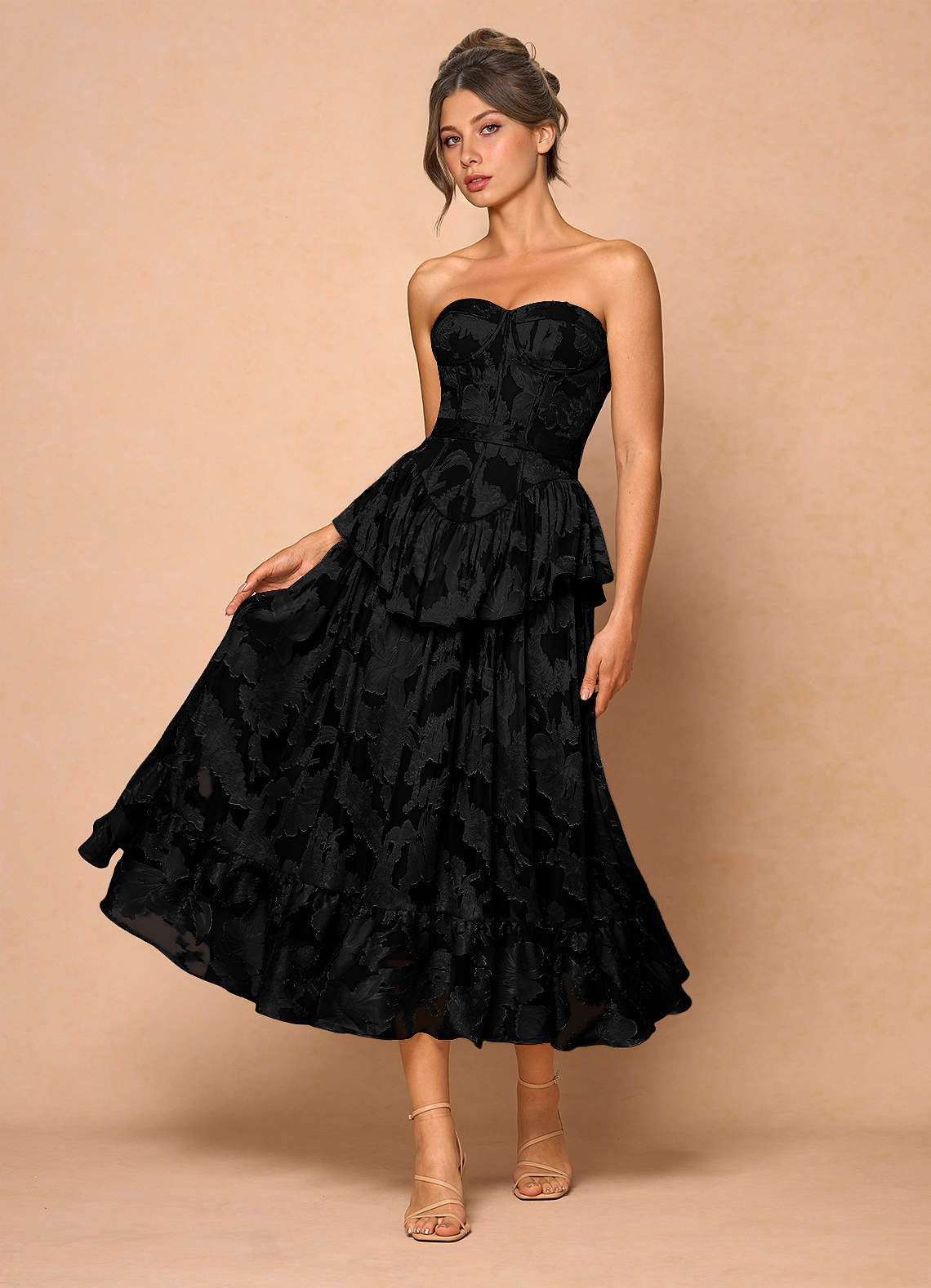 Azazie Midi Dresses A-Line Wedding Guest Dresses Strapless Black