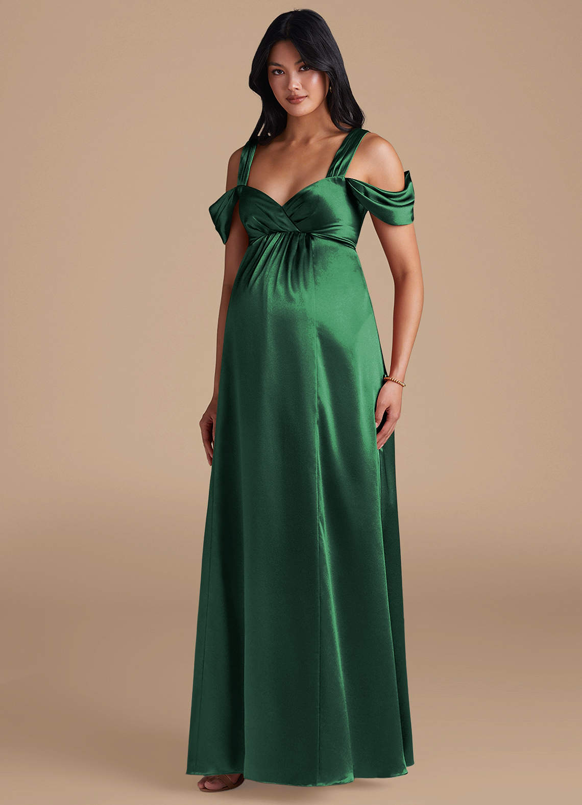 Azazie Rhea Maternity Bridesmaid Dresses A-Line Pleated Metallic Satin Floor-Length Dress image1