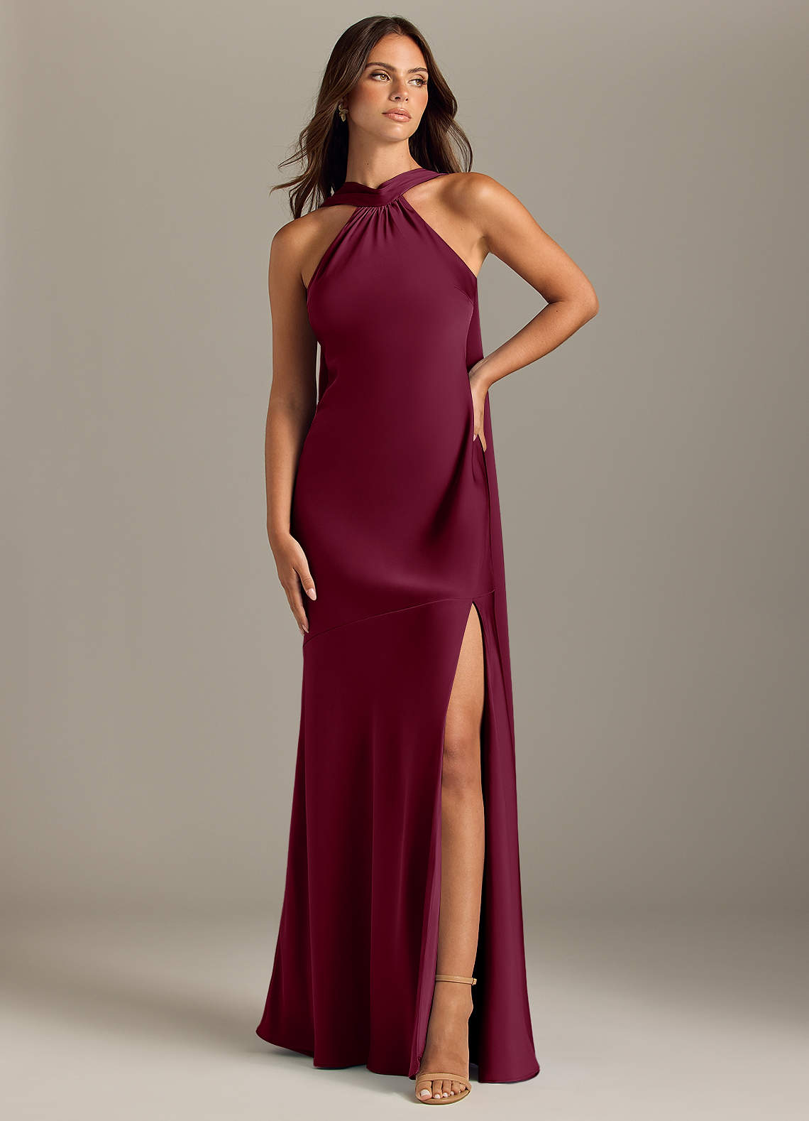 Azazie Kinsley Bridesmaid Dresses Mulberry Mermaid Side Slit Stretch Satin Dress image1