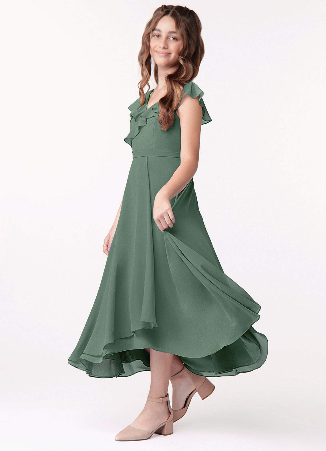 Azazie Posie Junior Eucalyptus A-Line Ruched Chiffon Dress image1