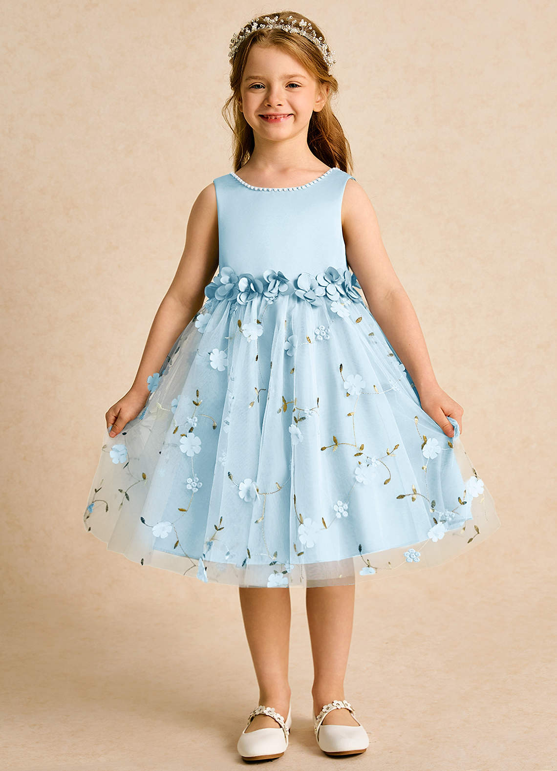 Azazie Starri Flower Girl Dresses Sky Blue Ball-Gown Beaded Matte Satin Dress image1