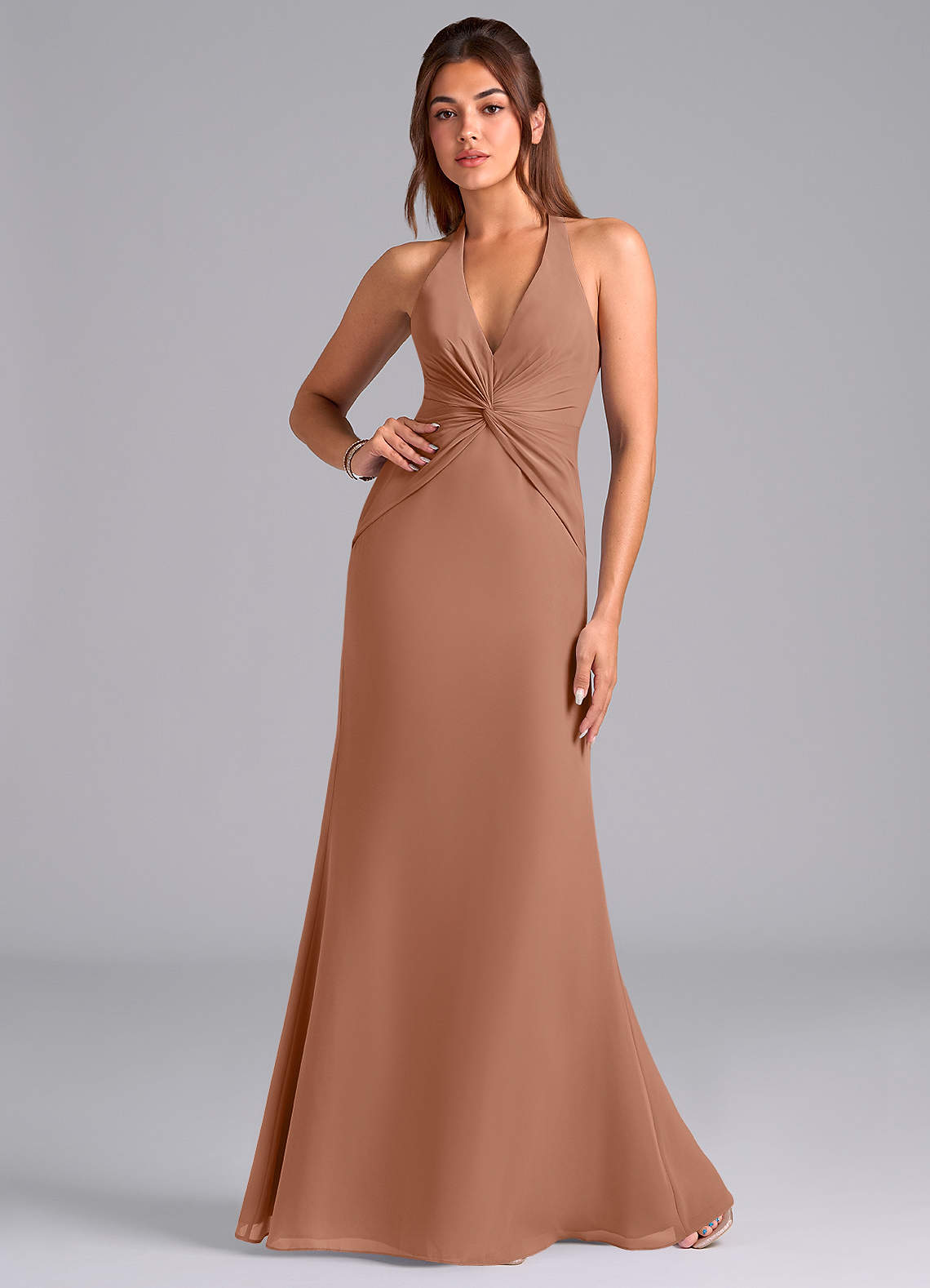 Azazie Valerie Jurken voor bruidsmeisjes Jurk van Chiffon met Zeemeermin Geplooid Bronzeertint image1
