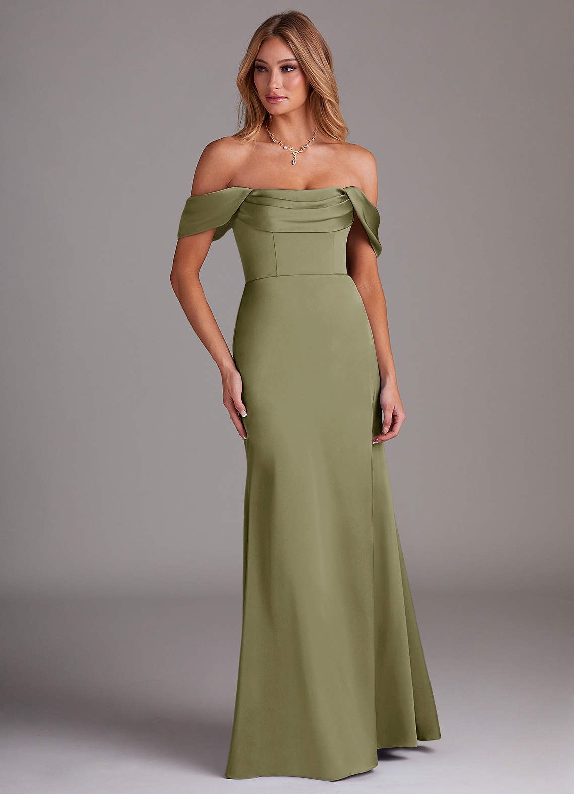 Azazie Saige Bridesmaid Dresses Pistachio Sheath Off the Shoulder Stretch Satin Dress image3
