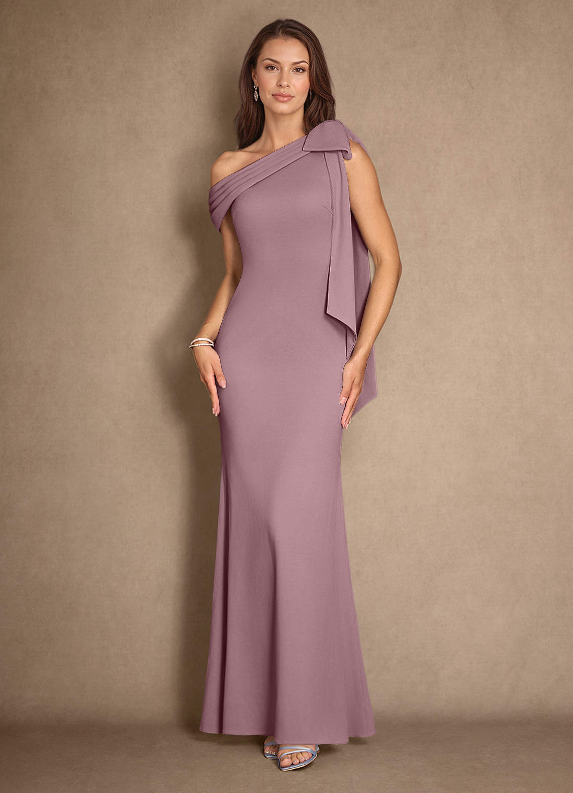 Azazie Myers Mother of the Bride Dresses Dusty Rose Mermaid Pleated Stretch Crepe Dress image1
